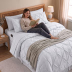 8-Piece Pintuck Pinch Pleated Comforter Set - Includes 4-Piece Sheet Set with Double Sided Storage Pockets