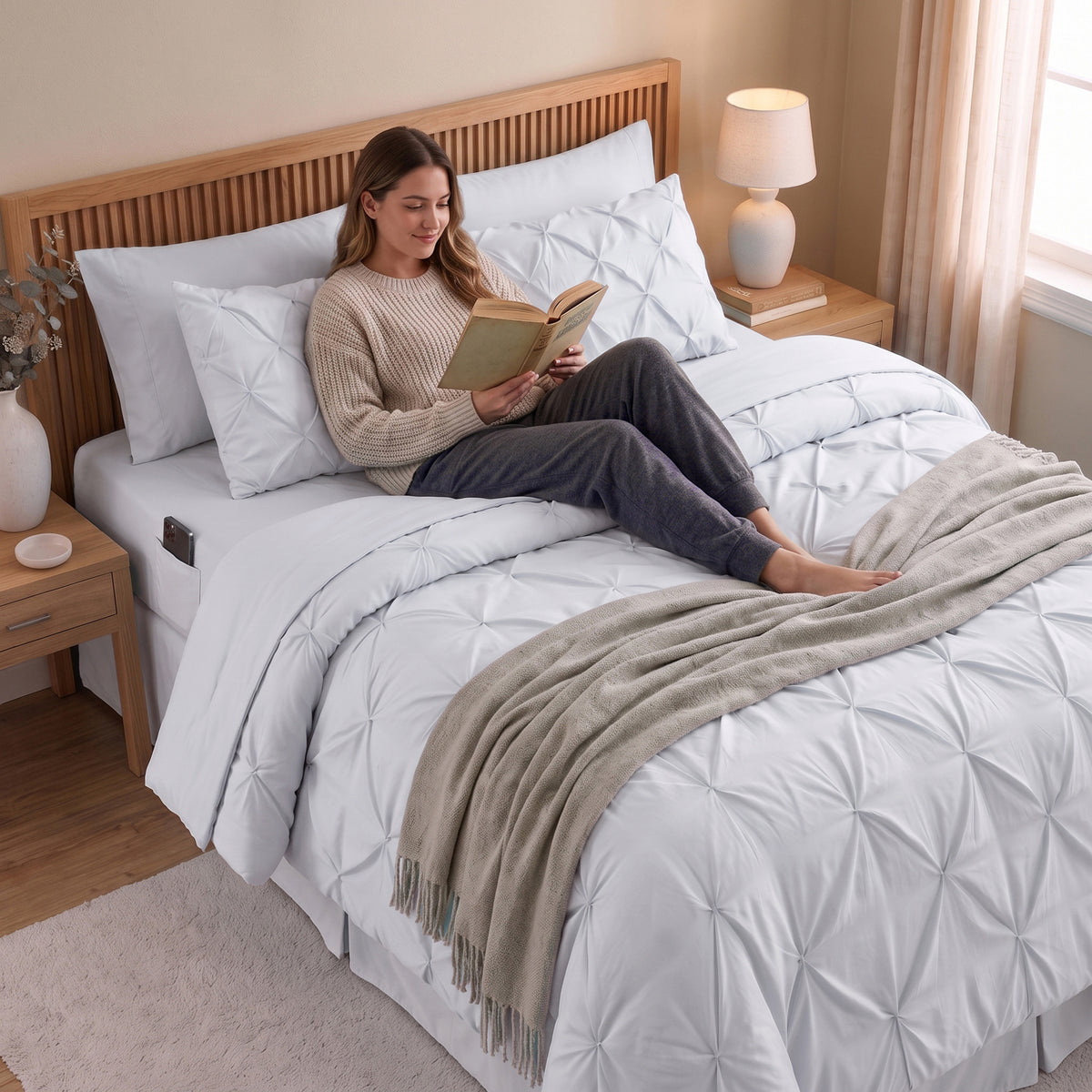 8-Piece Pintuck Pinch Pleated Comforter Set - Includes 4-Piece Sheet Set with Double Sided Storage Pockets