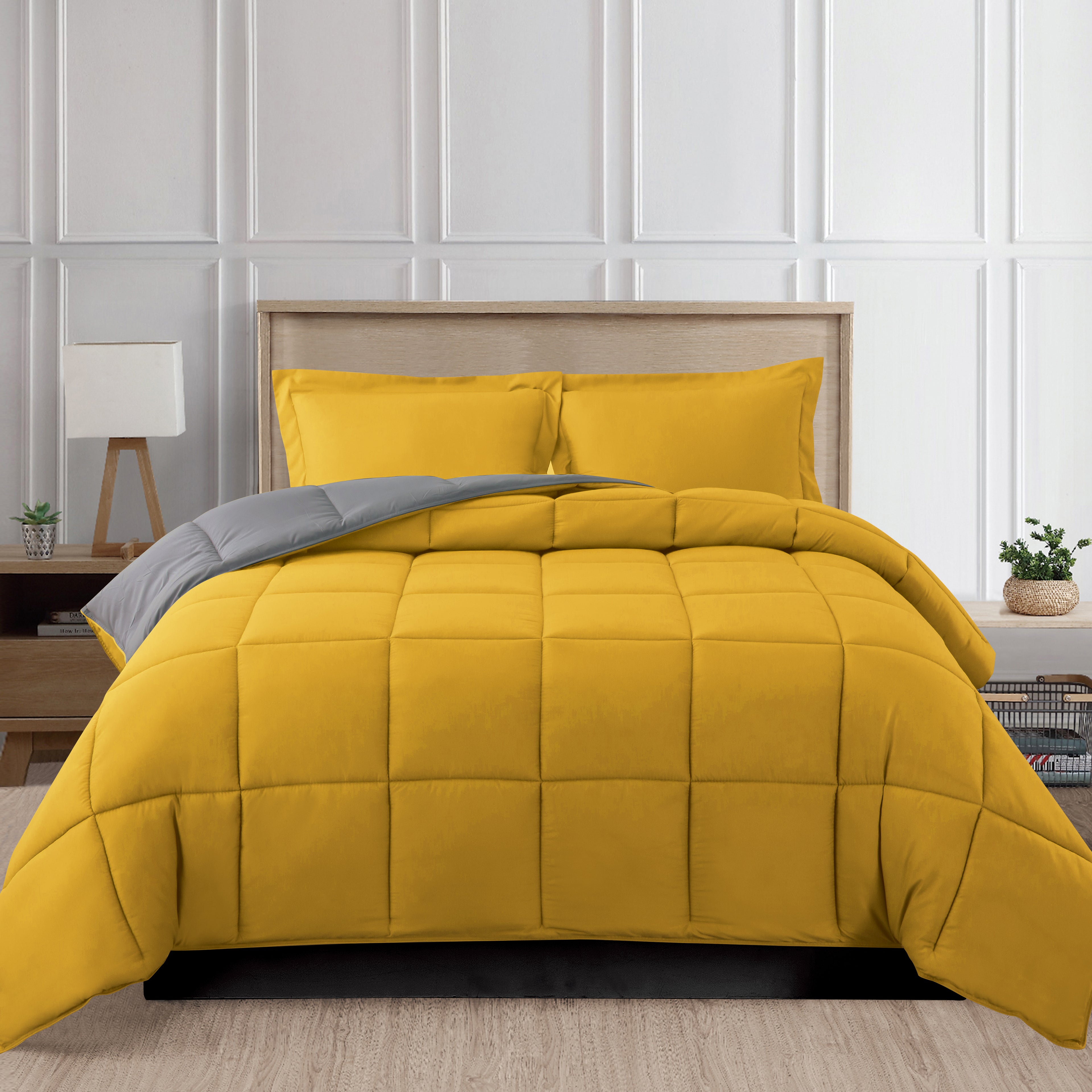 Reversible 3-Piece Box Stitched Comforter & Shams - Duvet Insert with 4 Corner Tabs