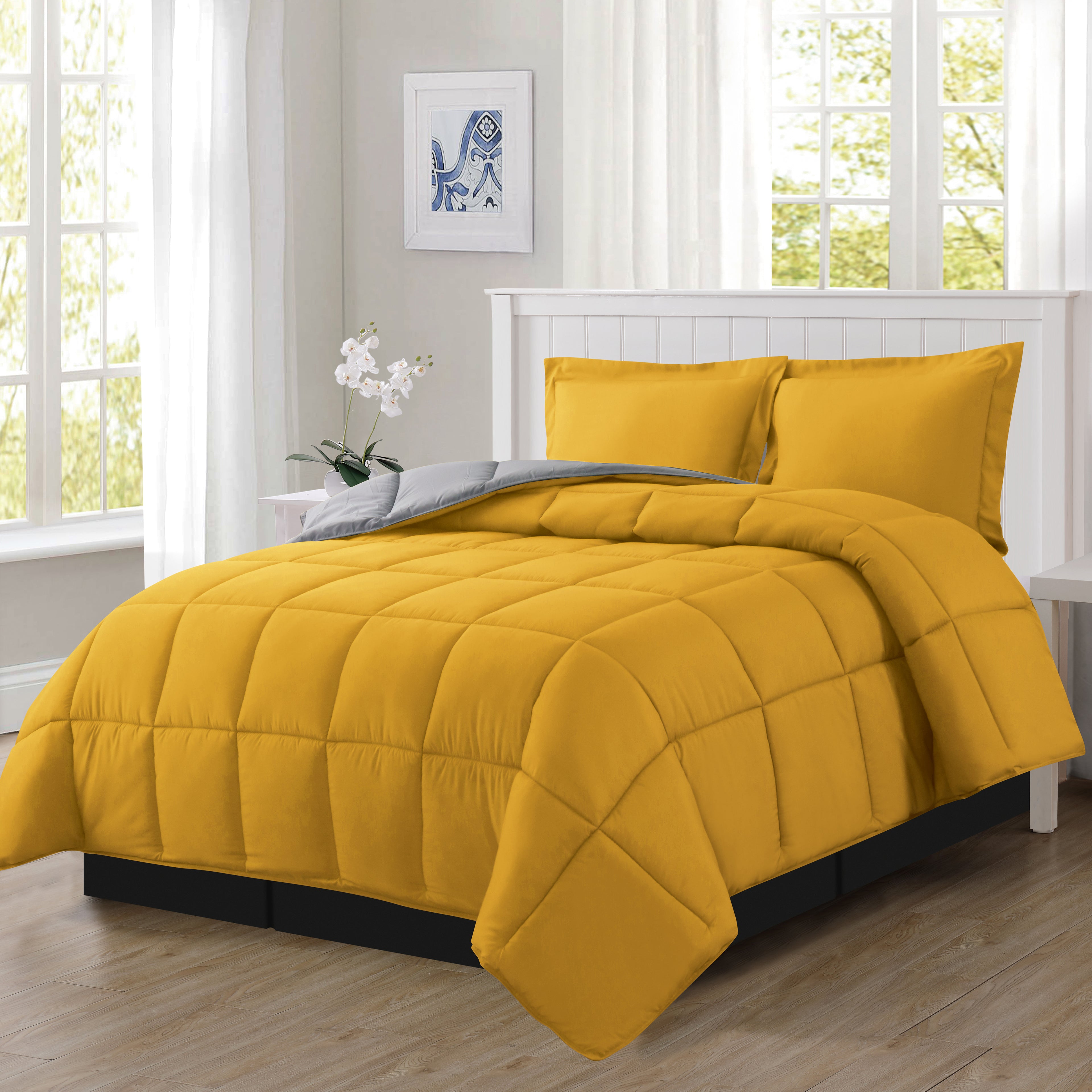 Reversible 3-Piece Box Stitched Comforter & Shams - Duvet Insert with 4 Corner Tabs