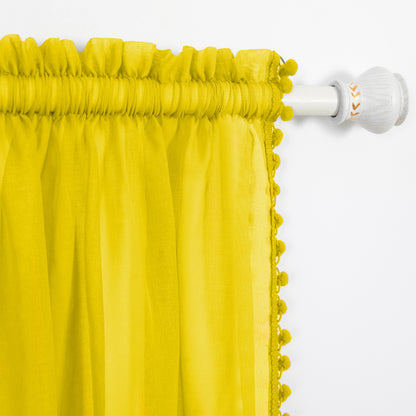 Elegant Comfort Set of 2 Pom Pom Tasseled Sheer Curtain - Rod Pocket