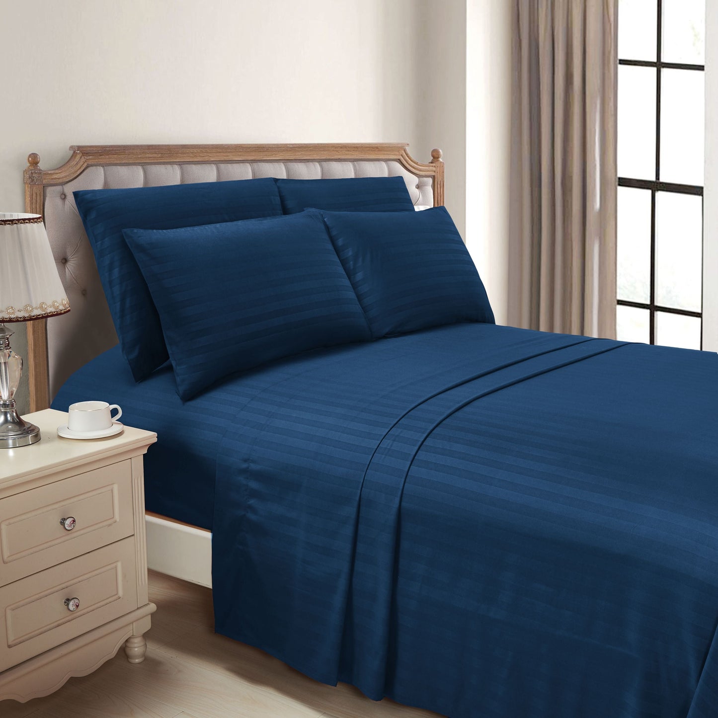 Elegant Comfort 6-Piece Dobby Stripe Printed Bed Sheet Set- Soft as a Hotel Premium Quality