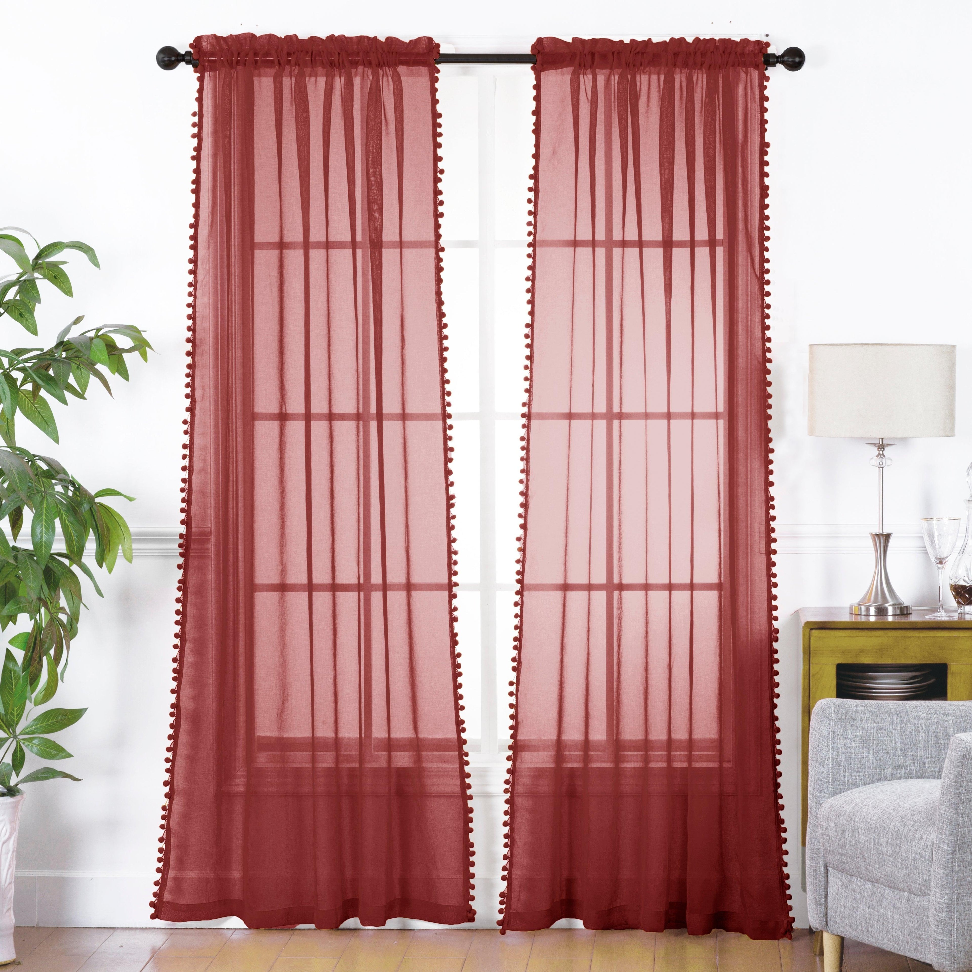 Set of 2 Pom Pom Tasseled Sheer Curtain - Rod Pocket