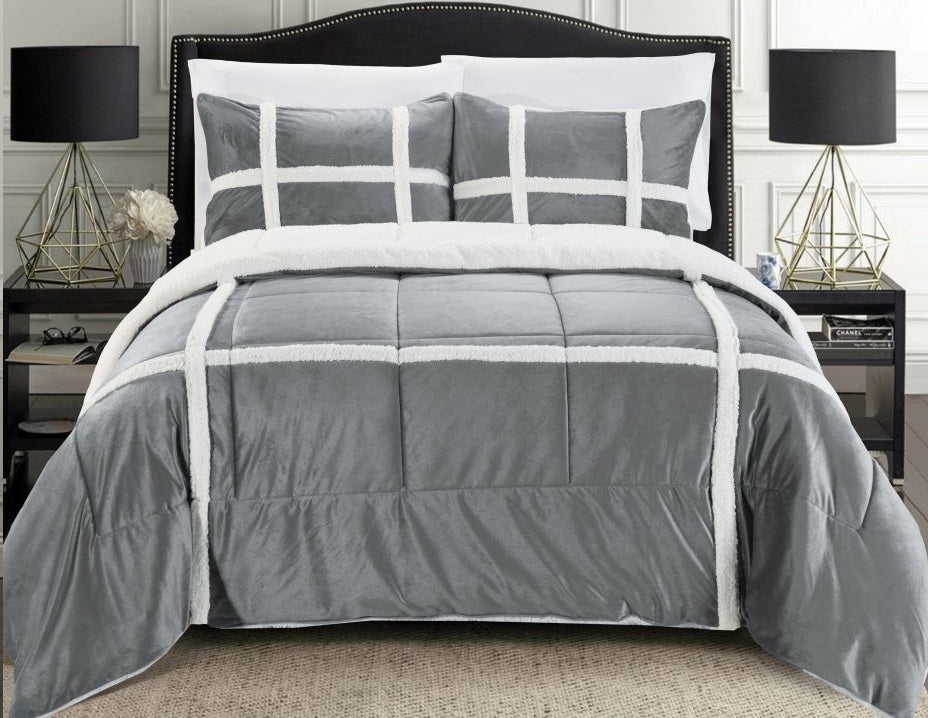 Elegant Comfort 3-Piece Stripe Micro-Suede Reversible Sherpa - Comforter Set