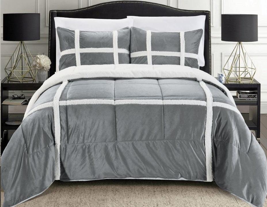 3-Piece Stripe Micro-Suede Reversible Sherpa - Comforter Set