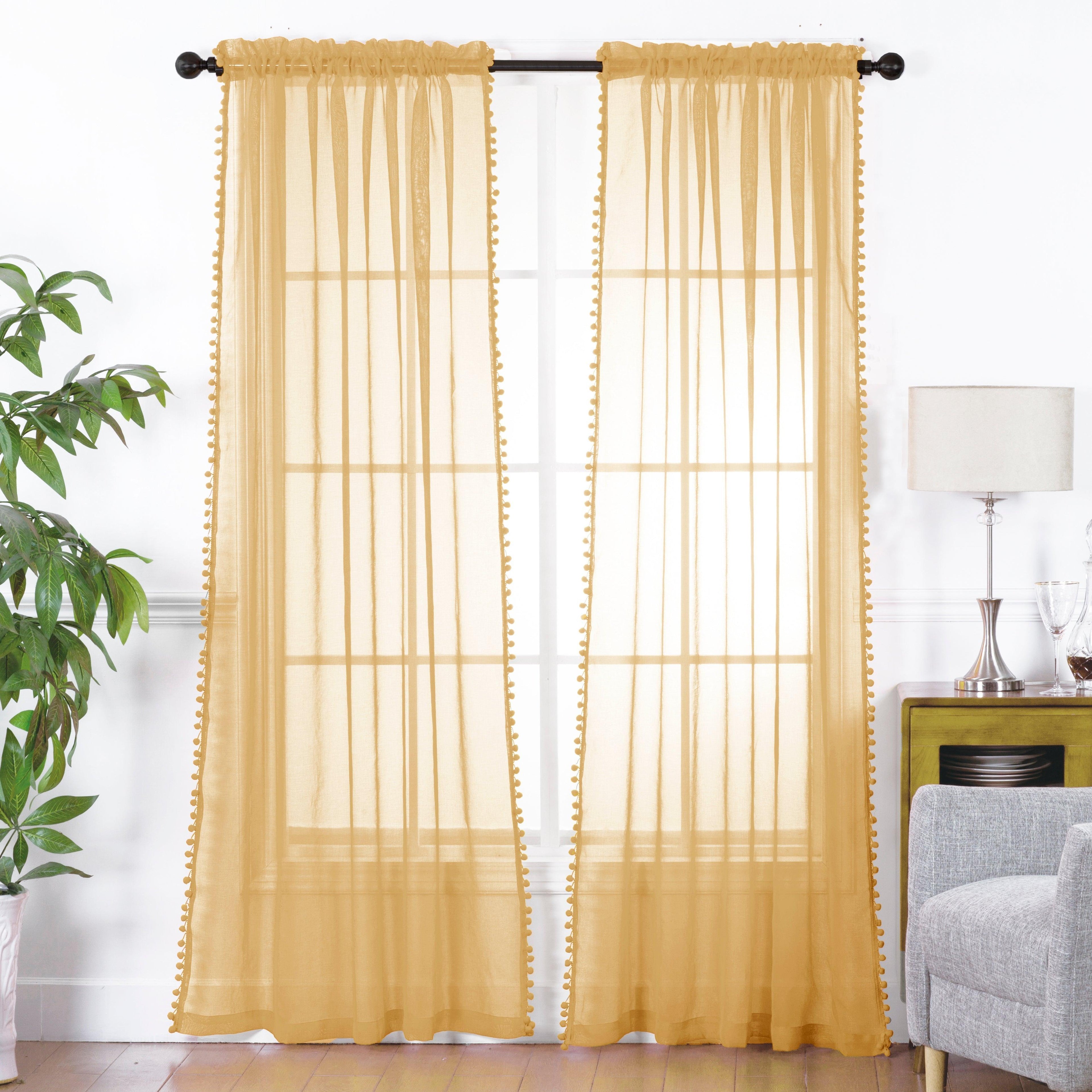 Set of 2 Pom Pom Tasseled Sheer Curtain - Rod Pocket