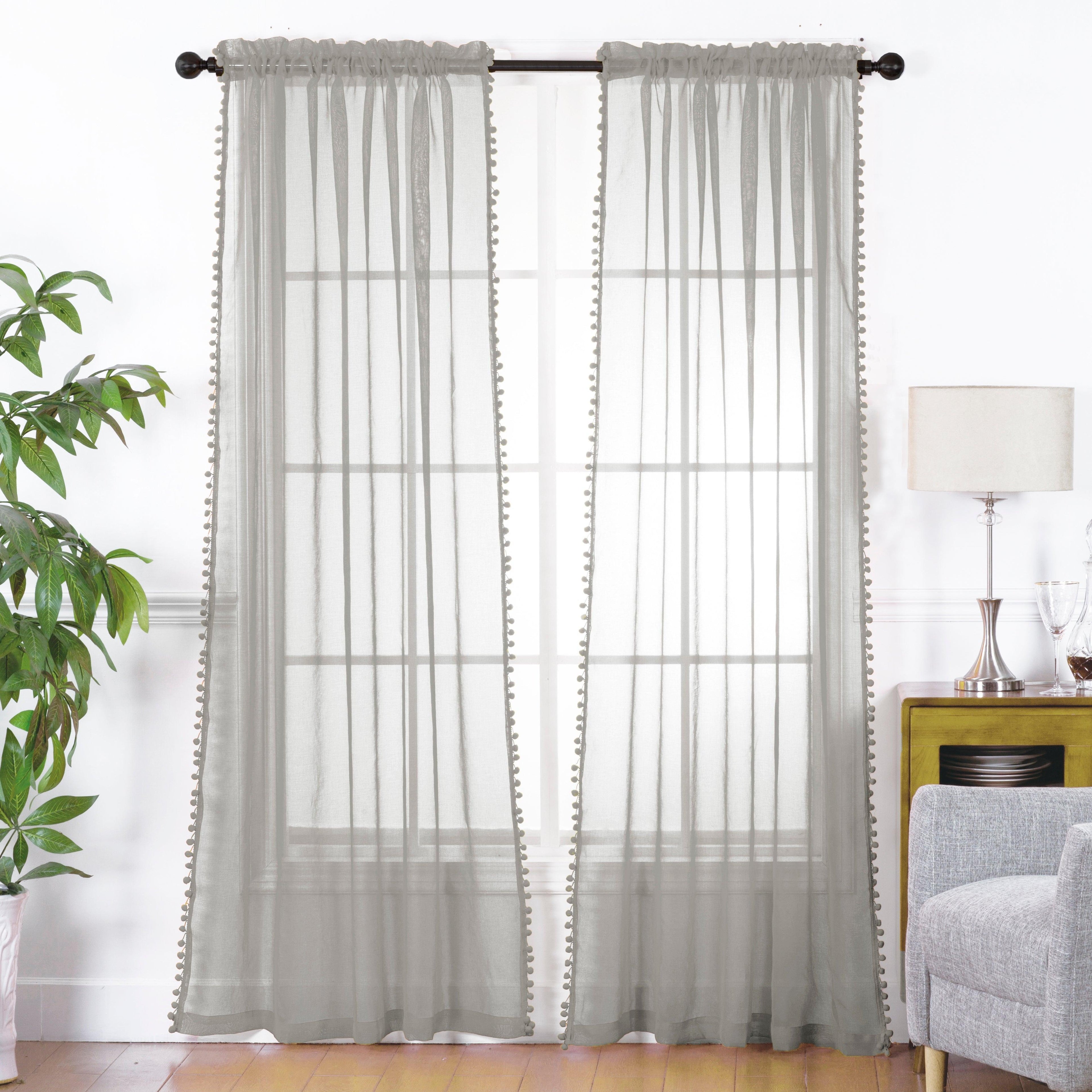 Set of 2 Pom Pom Tasseled Sheer Curtain - Rod Pocket