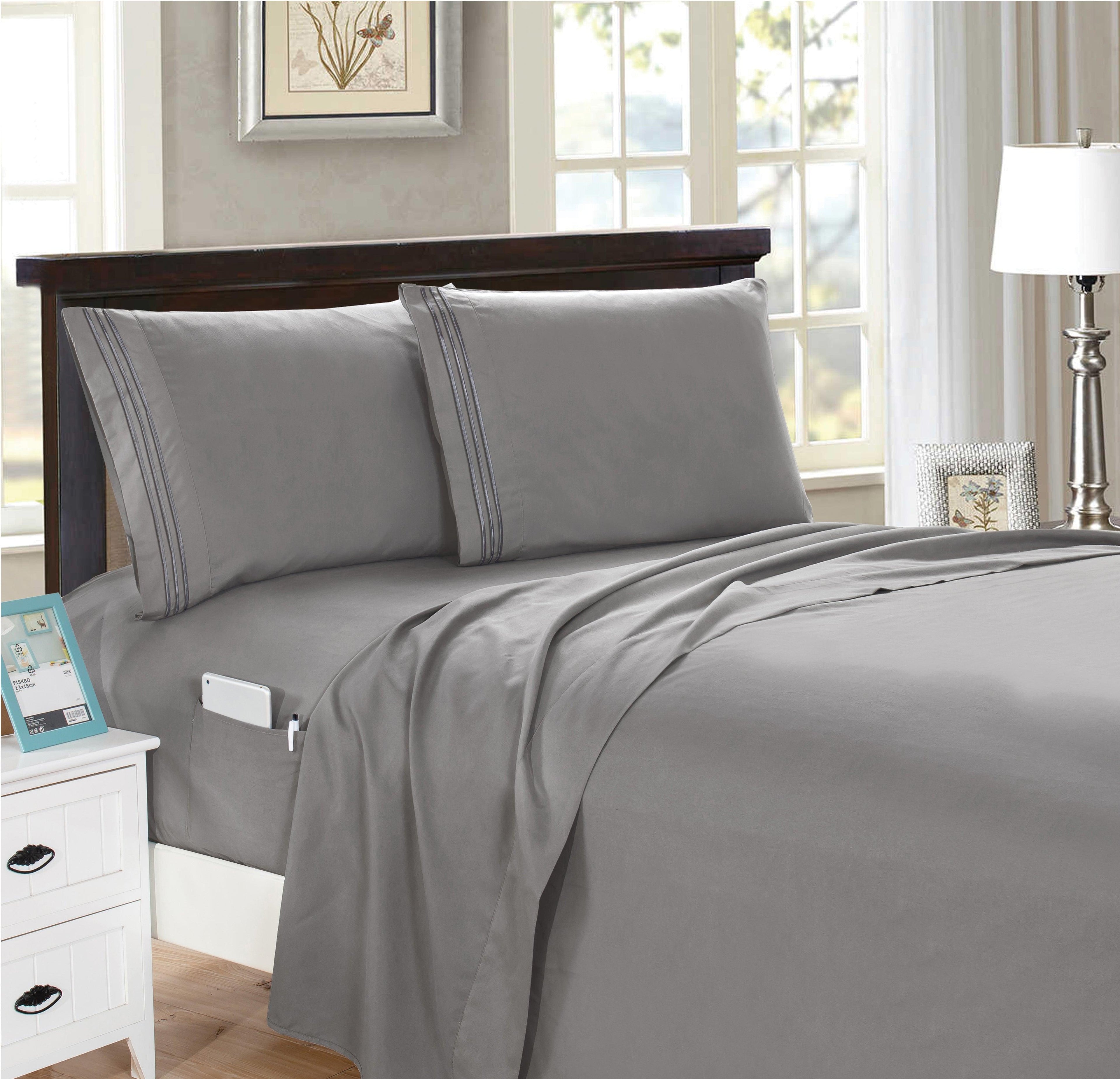 4 Piece Smart Pocket Sheet Set - Features Double Sided Storage Pockets on Fitted Sheet