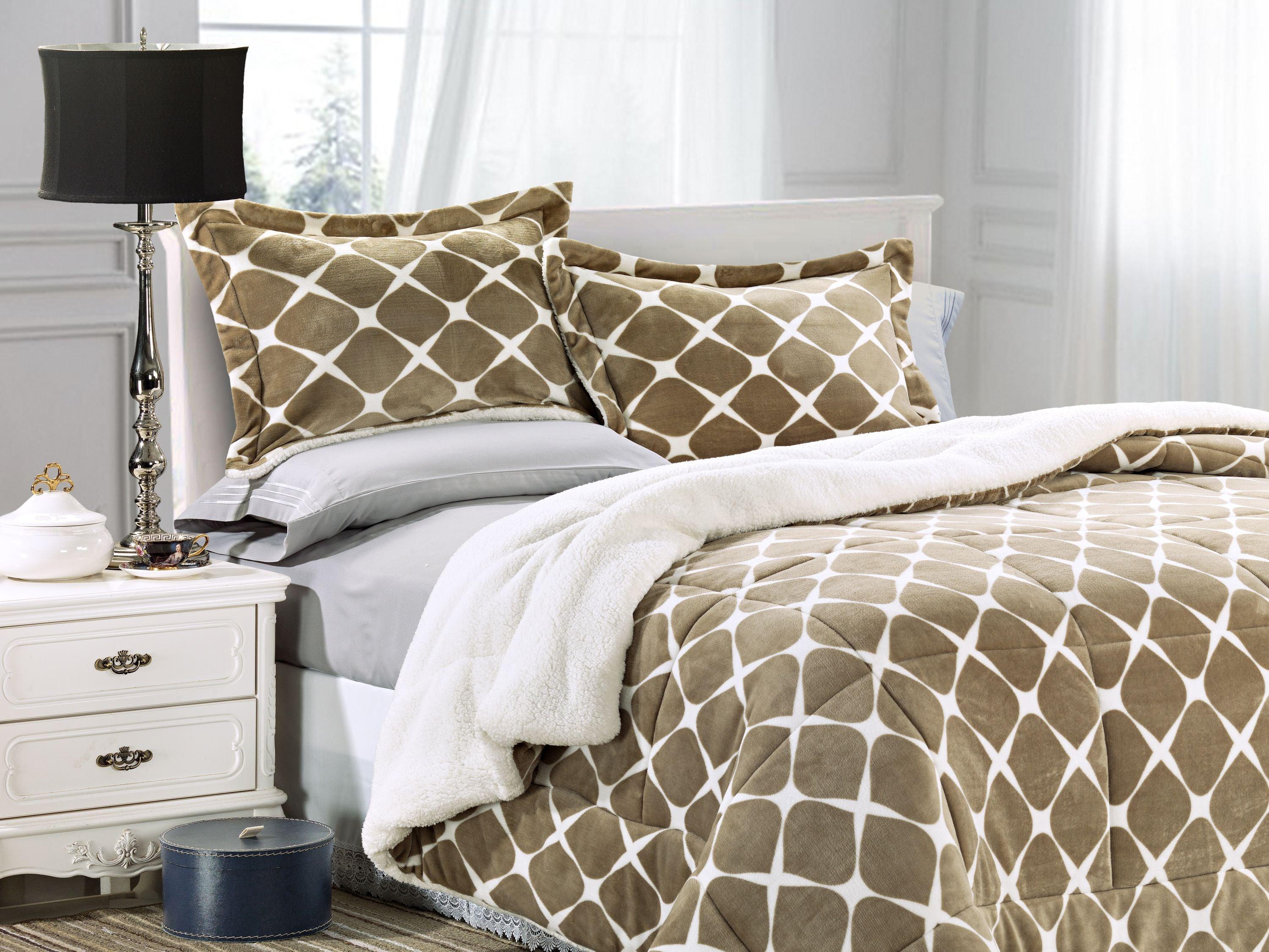 3-Piece Micro-Suede Reversible Sherpa - Bloomingdale Pattern Comforter Set