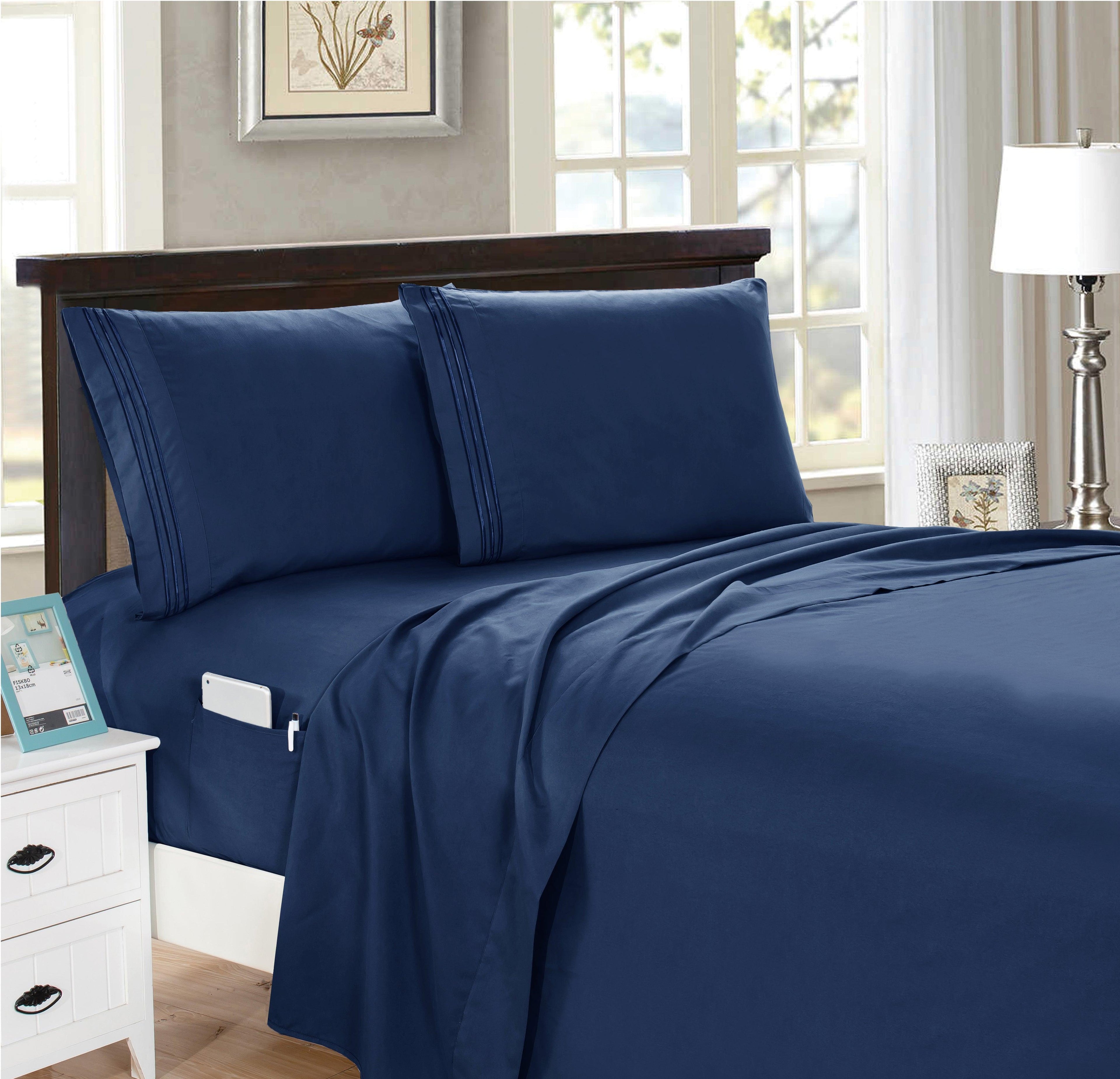 4 Piece Smart Pocket Sheet Set - Features Double Sided Storage Pockets on Fitted Sheet