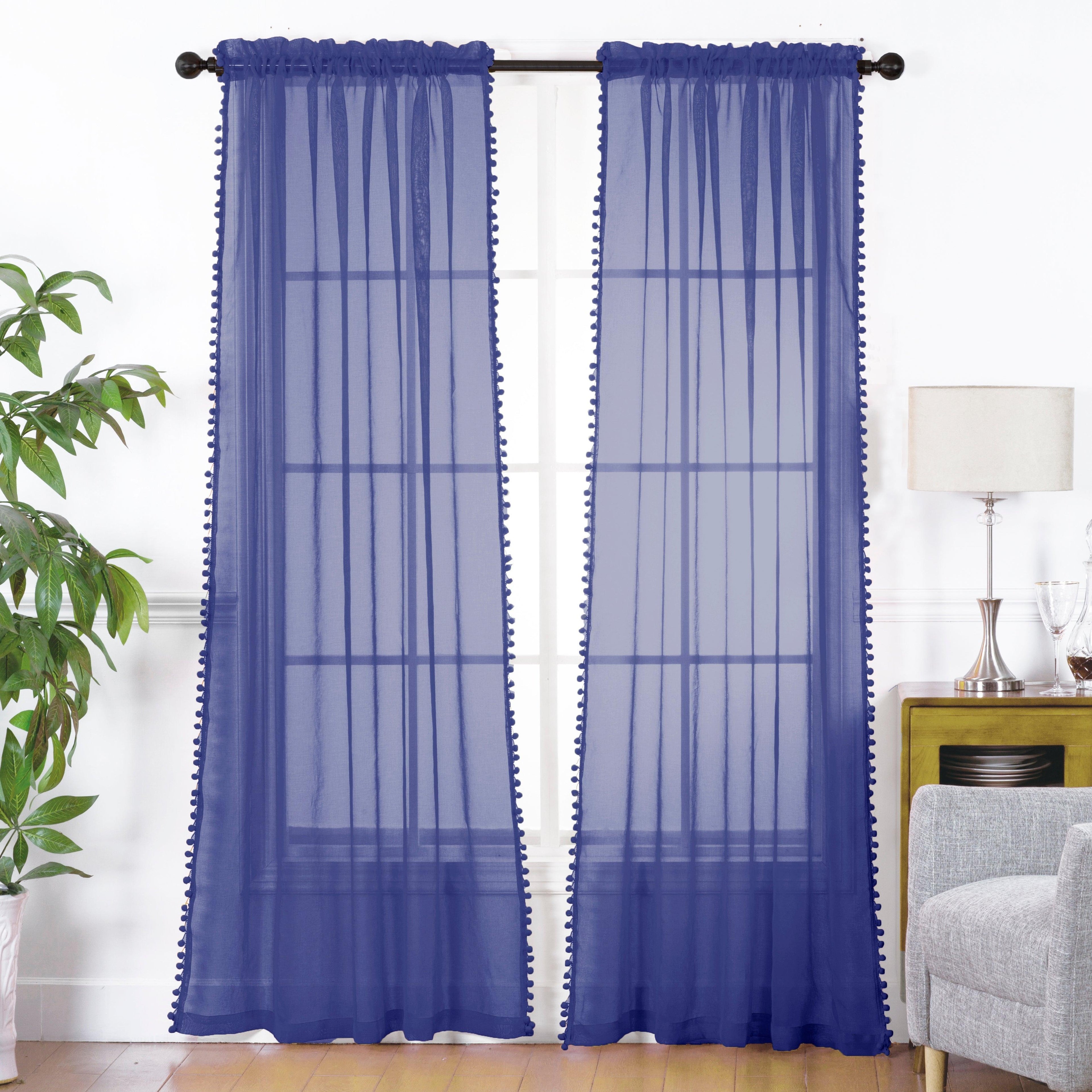 Set of 2 Pom Pom Tasseled Sheer Curtain - Rod Pocket