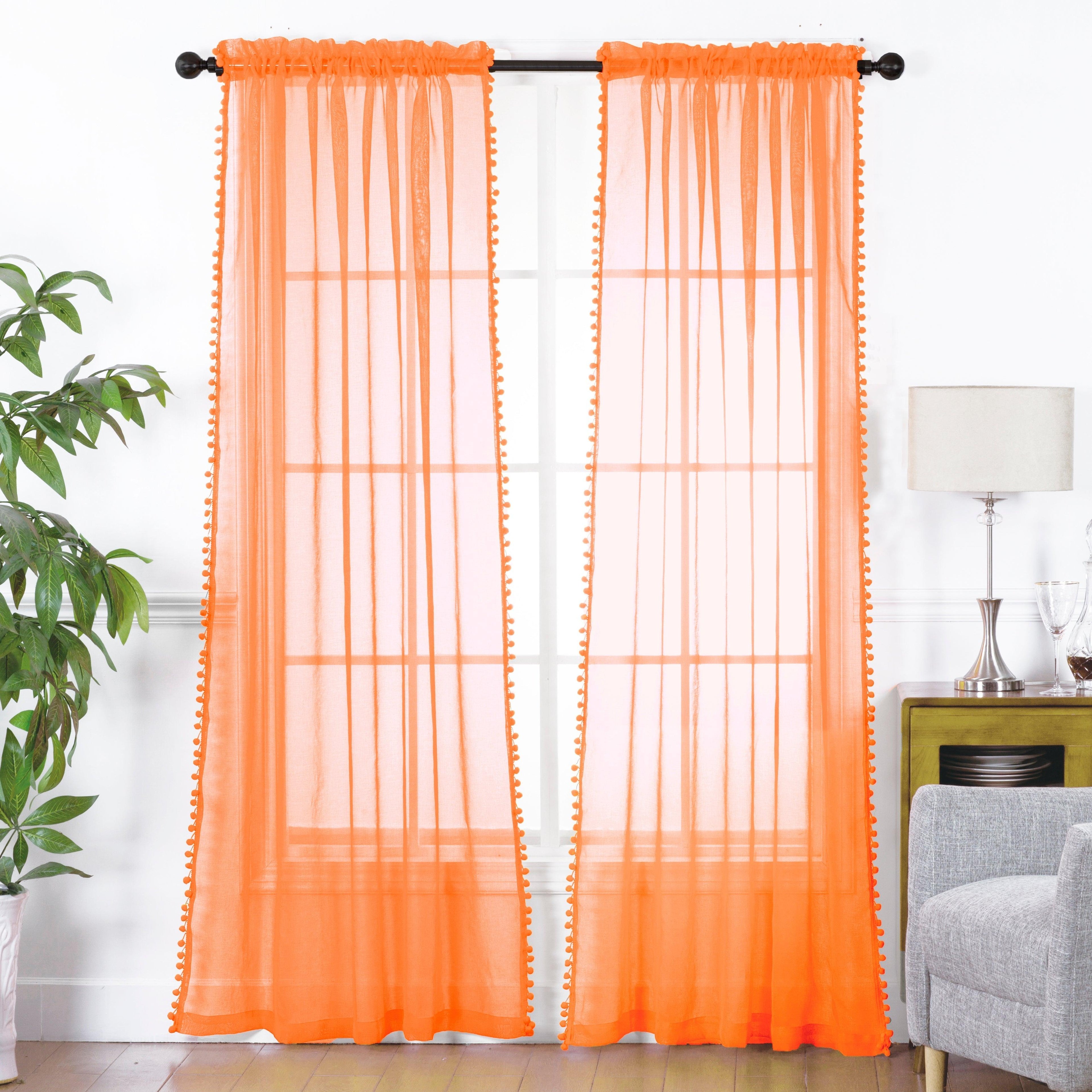 Set of 2 Pom Pom Tasseled Sheer Curtain - Rod Pocket