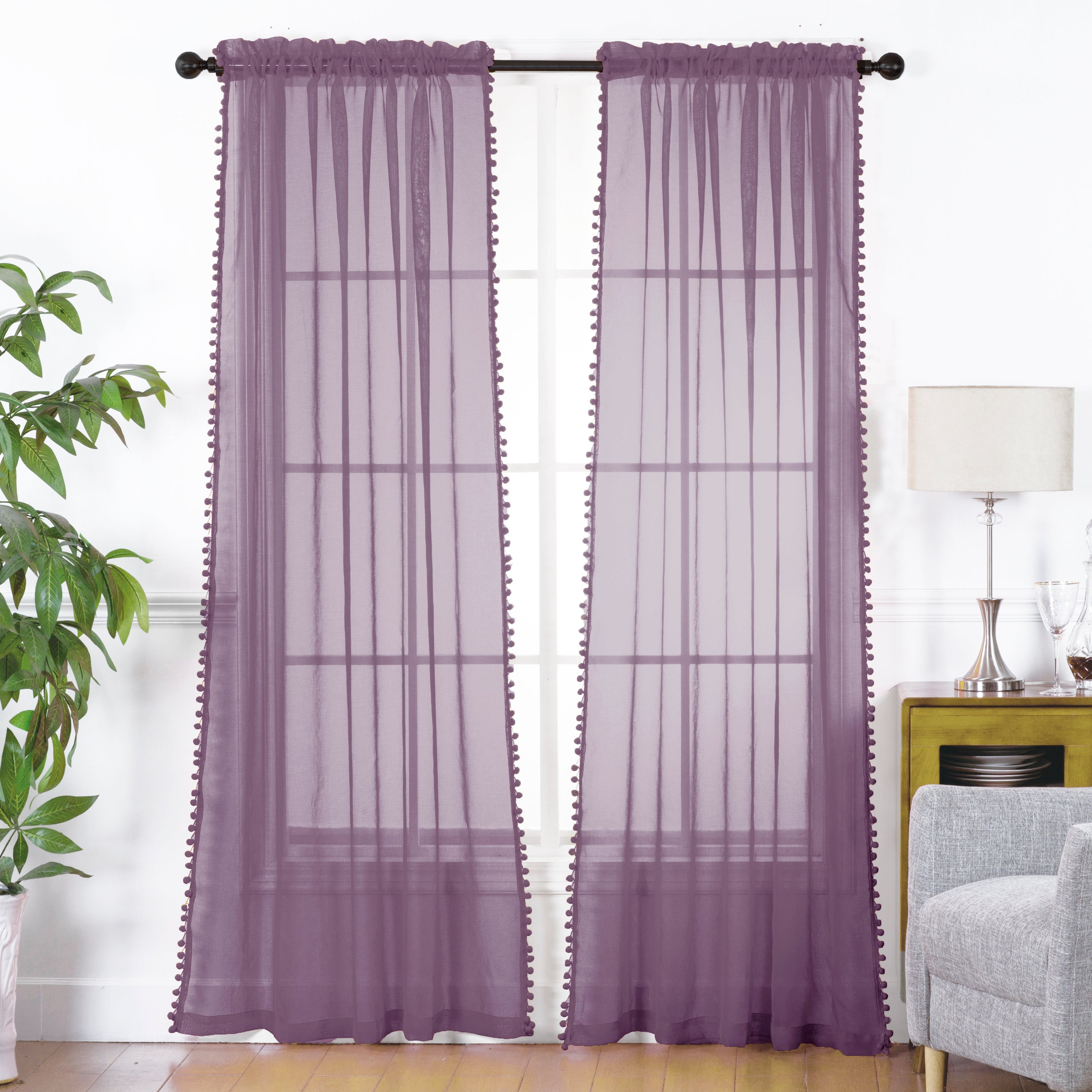Set of 2 Pom Pom Tasseled Sheer Curtain - Rod Pocket