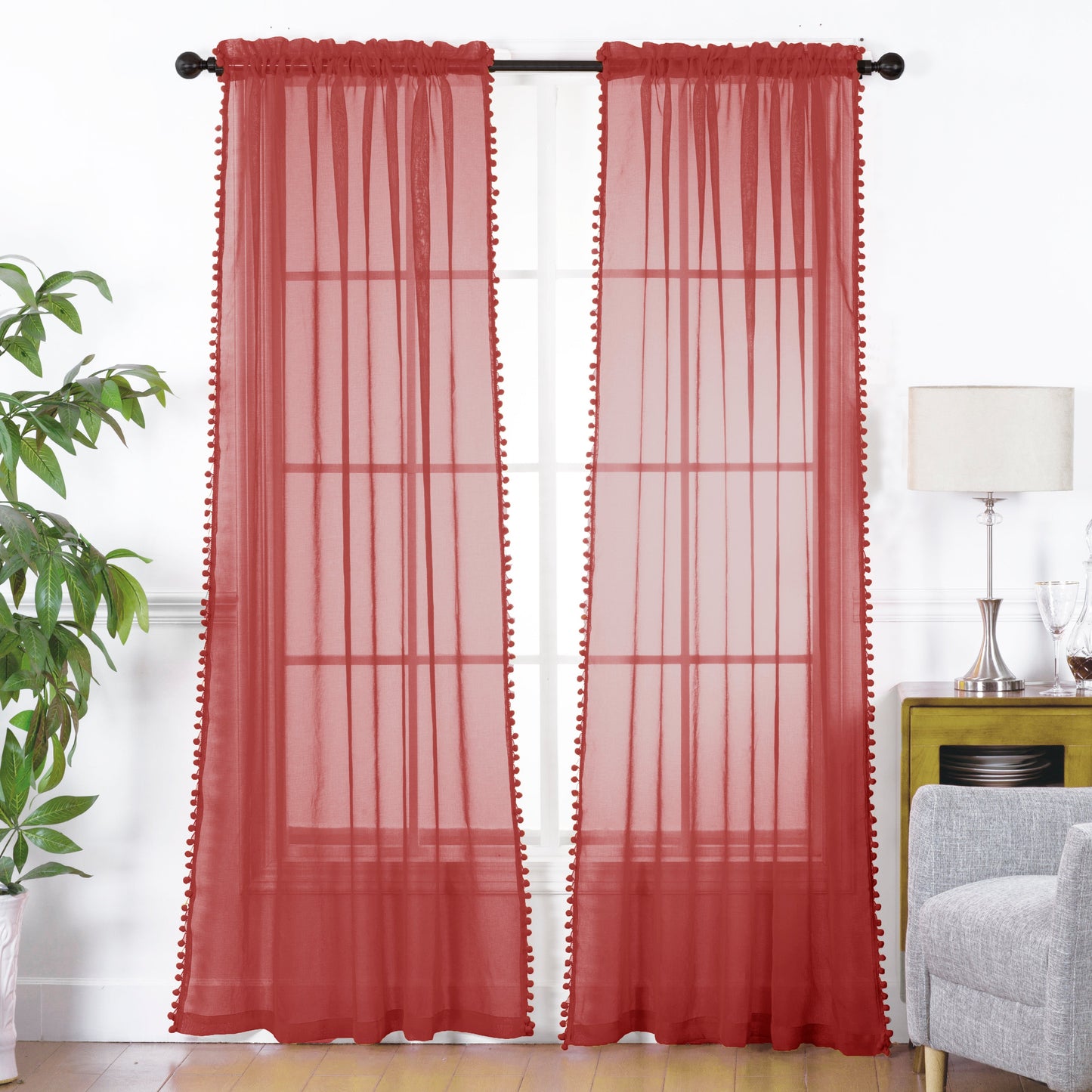 Elegant Comfort Set of 2 Pom Pom Tasseled Sheer Curtain - Rod Pocket
