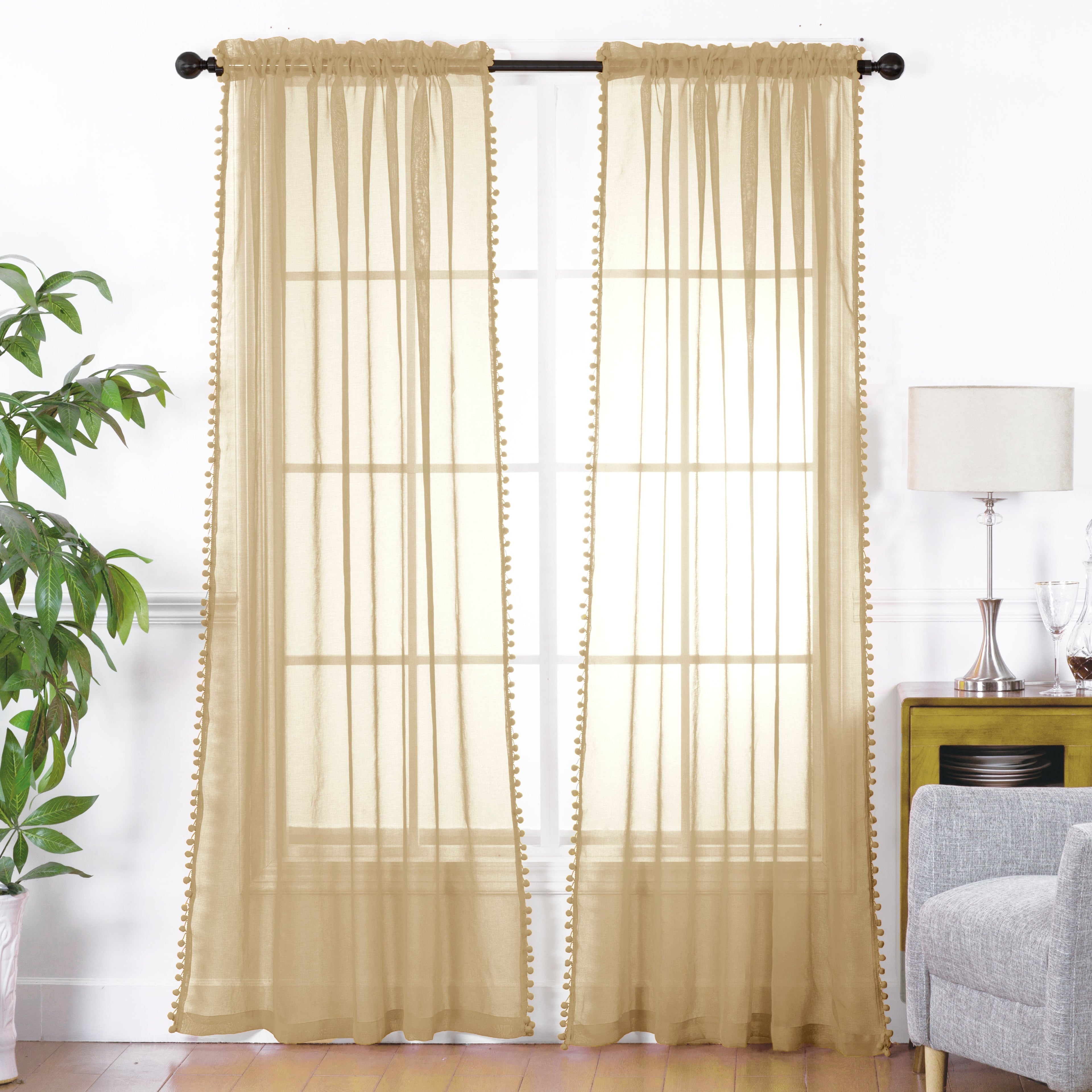 Set of 2 Pom Pom Tasseled Sheer Curtain - Rod Pocket