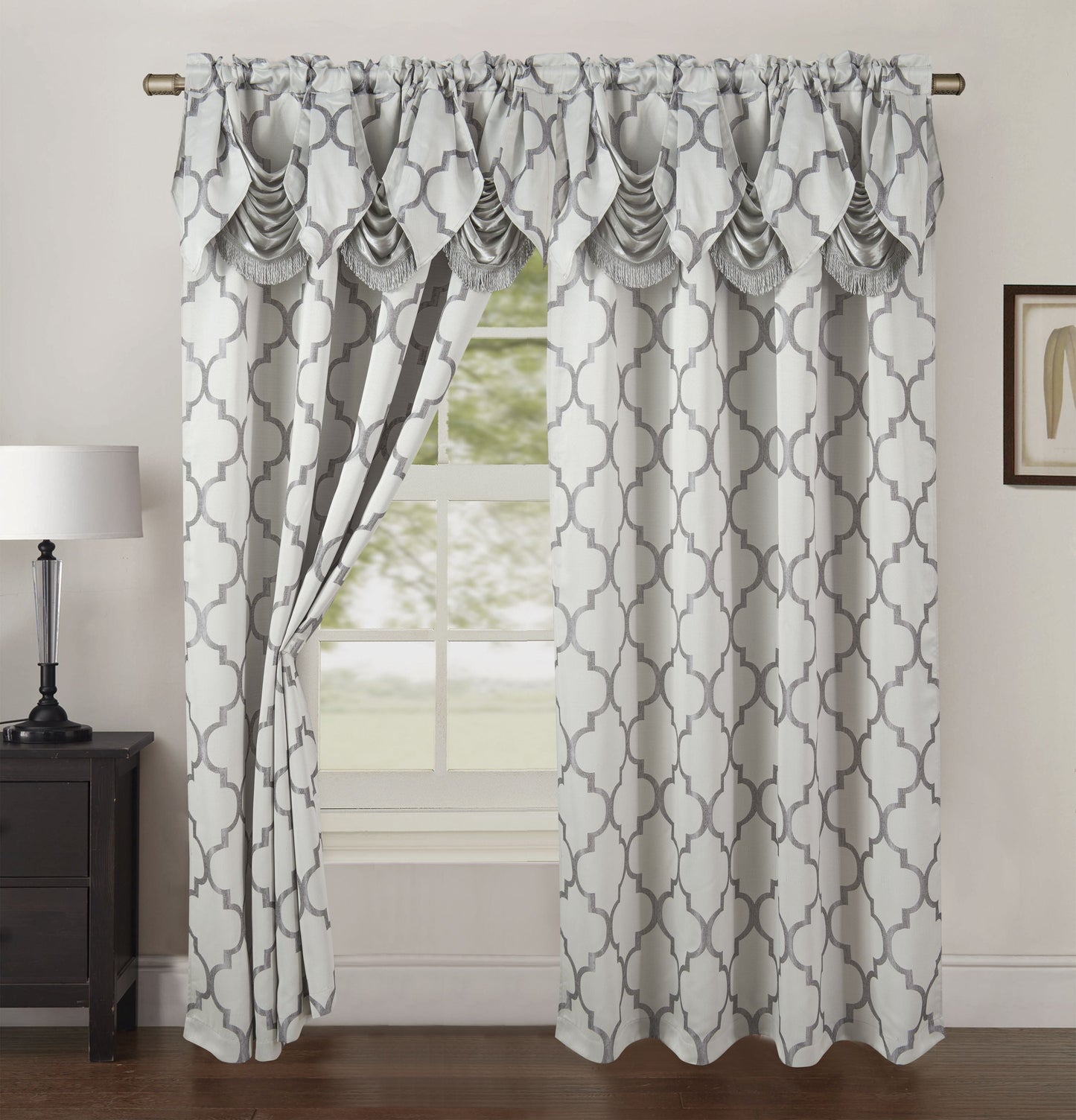 Elegant Comfort 2-Piece Quatrefoil - Moroccan Trellis Jacquard Look Curtain Panels- Attached Valance - 54" W x 84" L, Set of 2