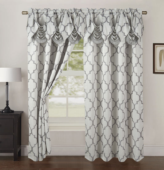 Moroccan Trellis Jacquard Look Curtain Panels- Attached Valance - 54" W x 84" L, Set of 2